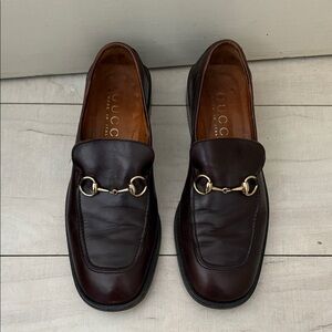 Gucci Men's Dark Brown Leather Loafers with Gold Detail